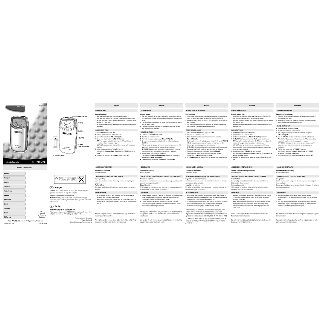 Philips AE6370 manual Power Supply, Radio Reception, Alimentation, Reception Radio, Tuning, Fuente DE Alimentacion, Dbb 