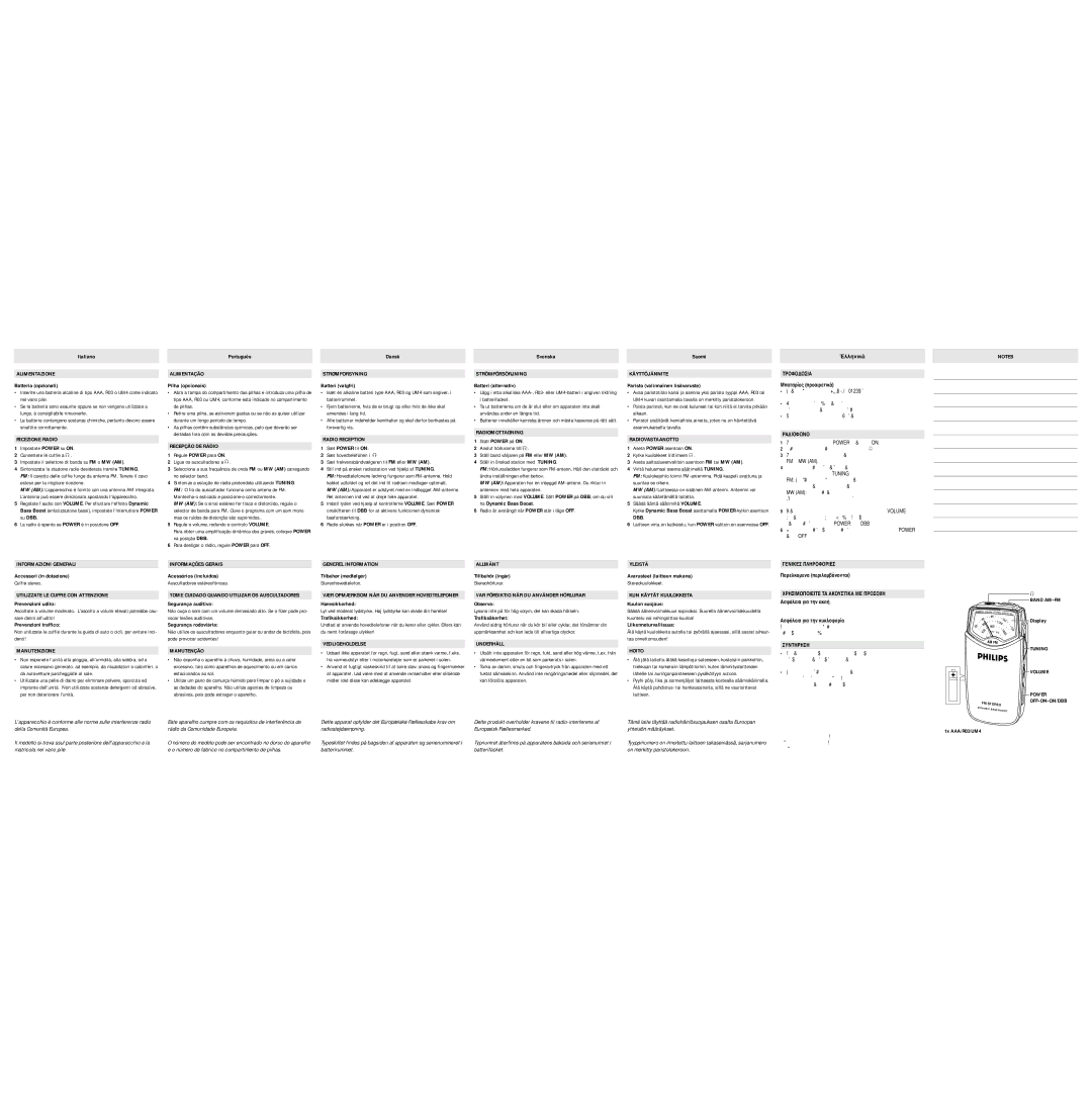 Philips AE6370 Alimentazione, Ricezione Radio, Alimentação, Recepção DE Rádio, Strømforsyning, Strömförsörjning, Allmänt 