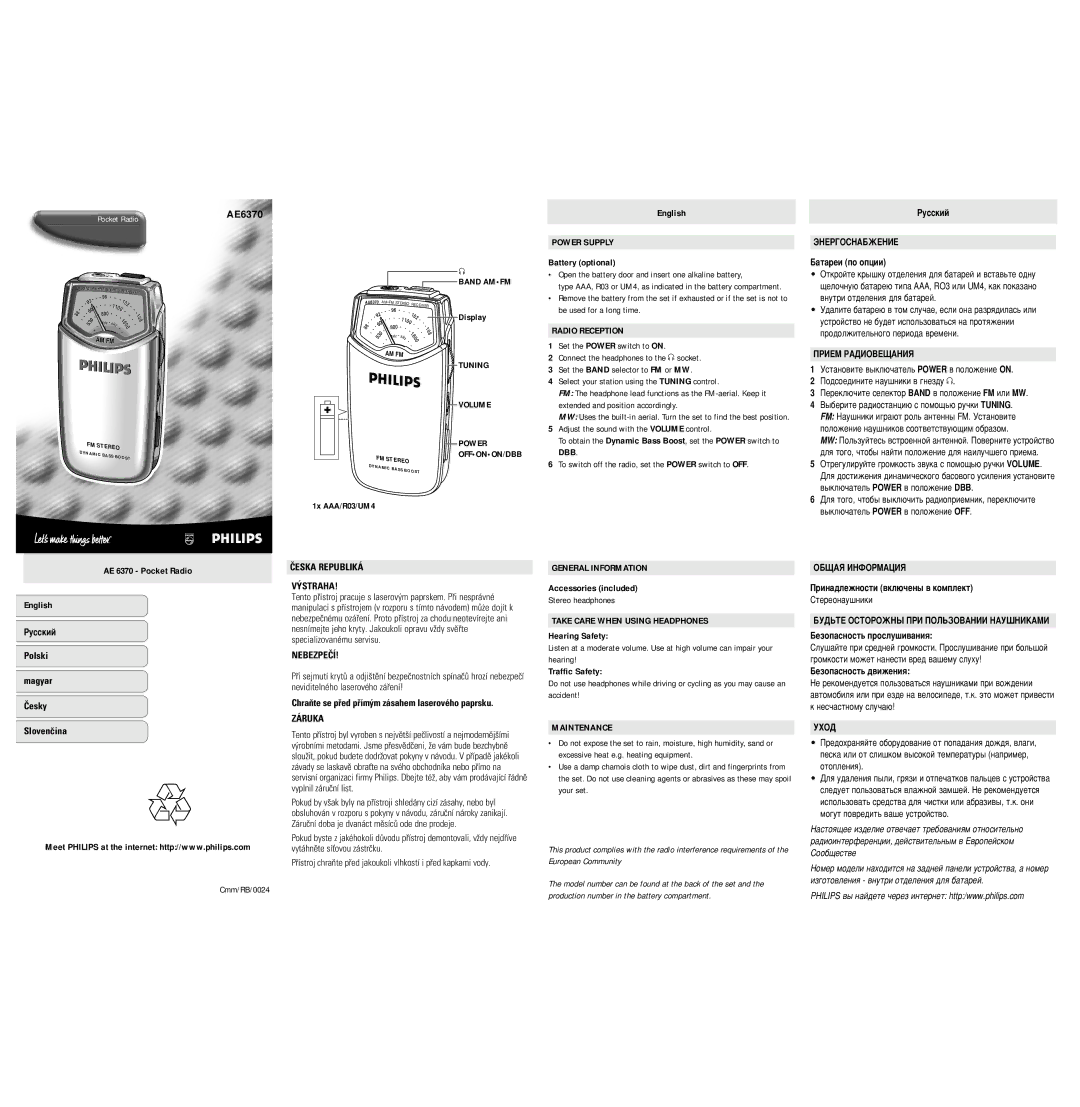 Philips AE6370 manual Power Supply, Radio Reception, Dbb, Èeska Republiká ‡STRAHA, Nebezpeèí, Záruka, General Information 