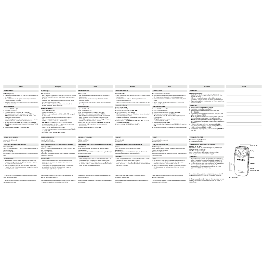 Philips AE6370 Alimentazione, Ricezione Radio, Alimentação, Recepção DE Rádio, Strømforsyning, Strömförsörjning, Allmänt 