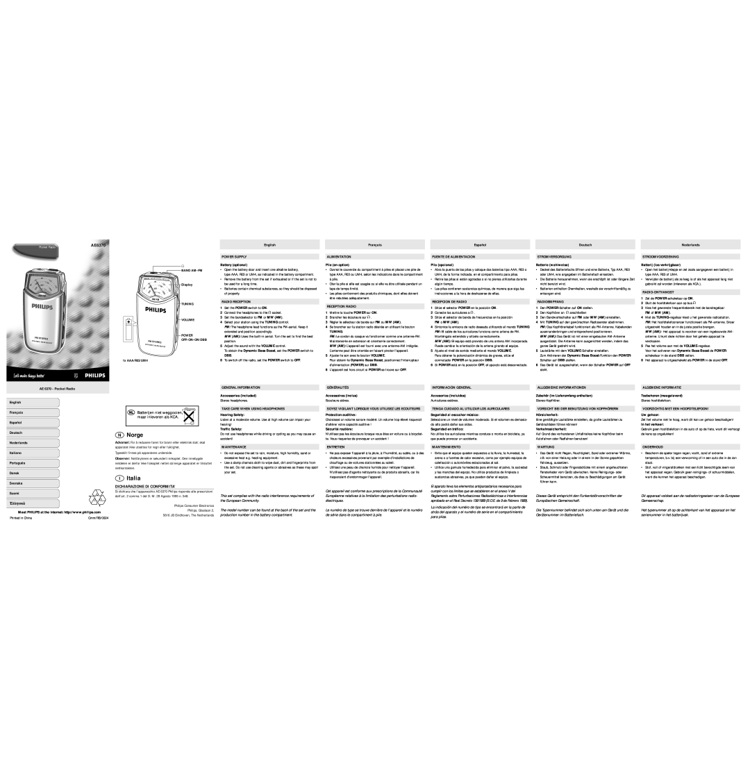 Philips AE6370 manual nNorge, iItalia, Dichiarazione Di Conformita’ 