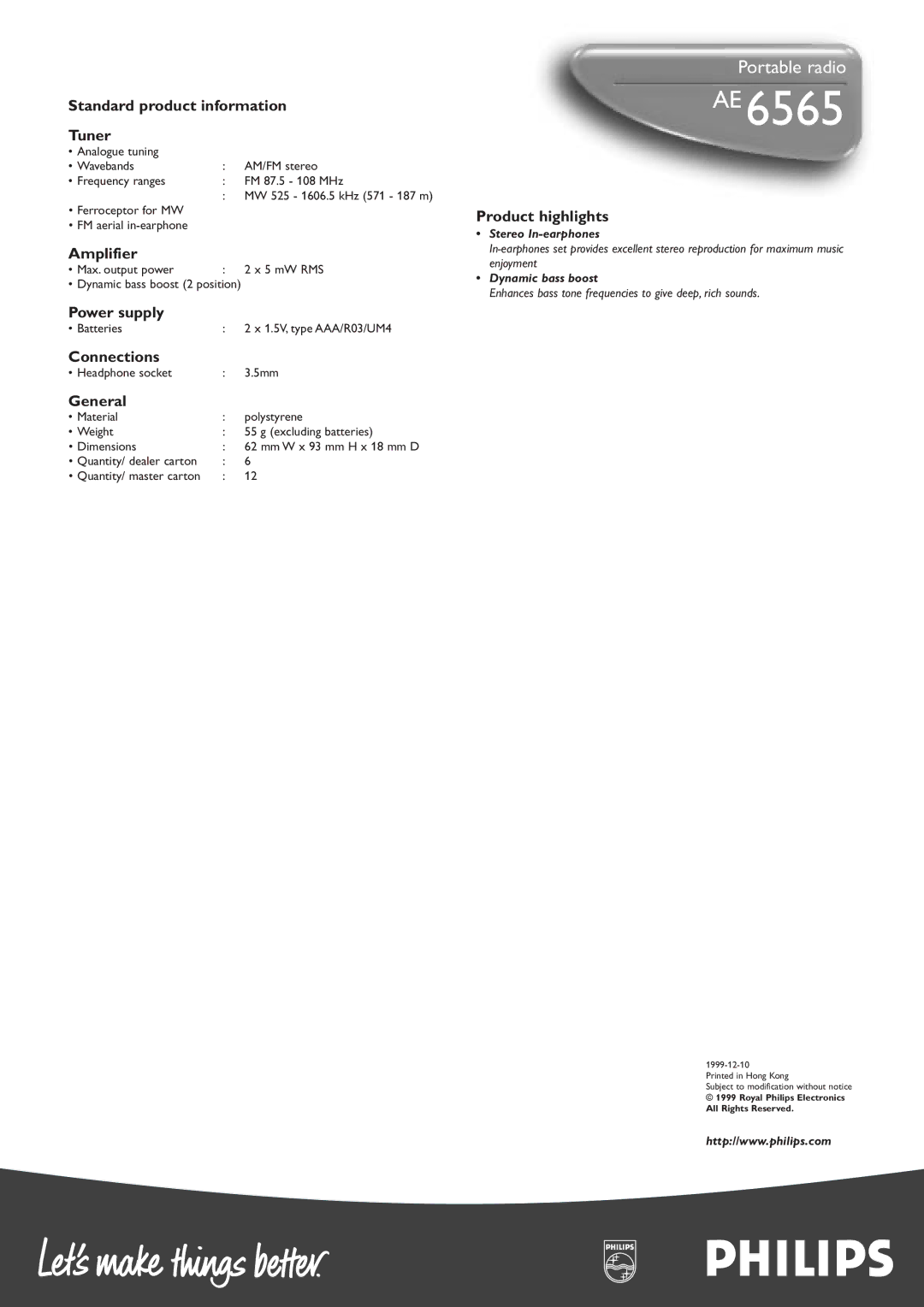 Philips AE6565 manual Standard product information Tuner, Amplifier, Power supply, Connections, General, Product highlights 