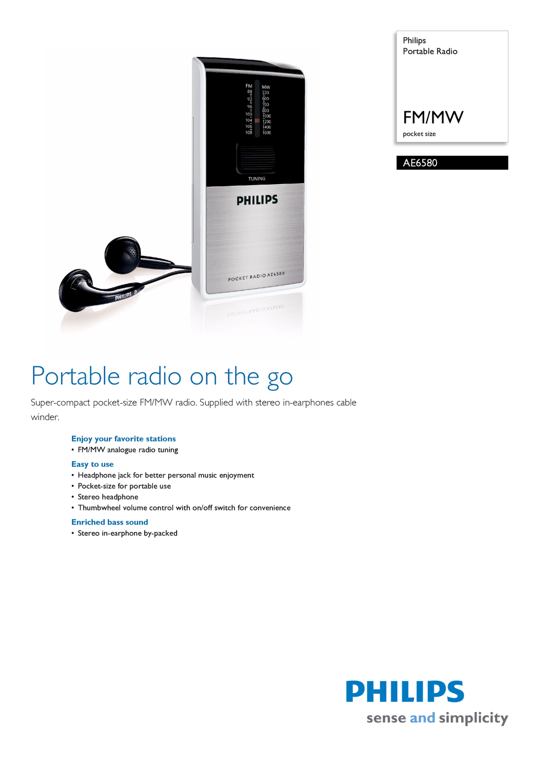 Philips AE6580/00 manual Portable radio on the go, Enjoy your favorite stations, Easy to use, Enriched bass sound 