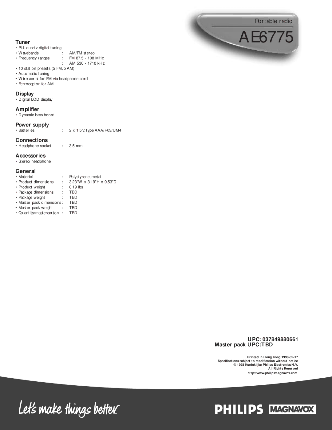 Philips AE6775/01 manual Tuner, Display, Amplifier, Power supply, Connections, Accessories, General, UPC Master pack Upctbd 