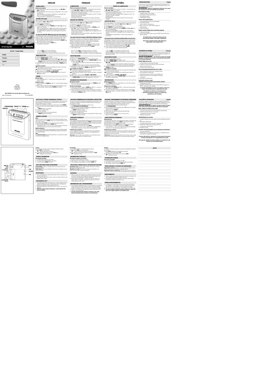 Philips AE6775/20Z manual Troubleshooting, Power Supply, Setting the Clock, Radio Reception, Tuning, Alimentation 