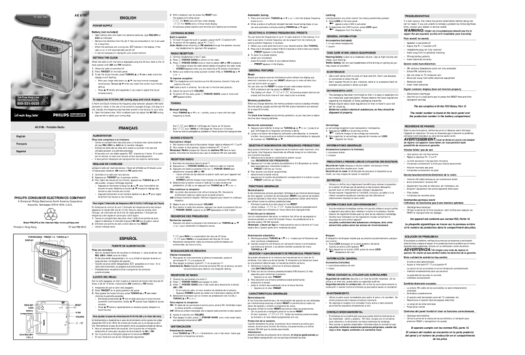 Philips AE6780 warranty Power Supply, Setting the Clock, Listening Modes, Radio Reception, Tuning, General Features 