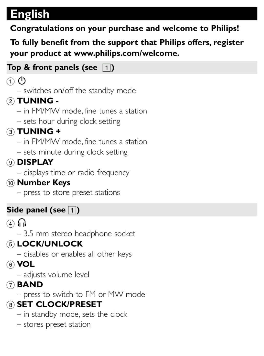 Philips AE6790 user manual Number Keys, Side panel see 