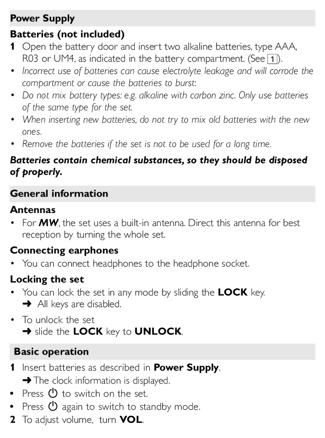 Philips AE6790 Power Supply Batteries not included, General information Antennas, Connecting earphones, Locking the set 