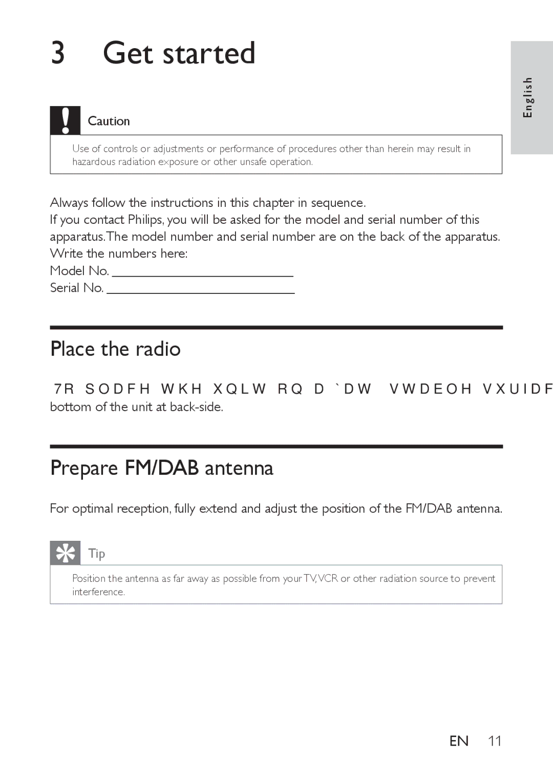 Philips AE9011 user manual Get started, Place the radio, Prepare FM/DAB antenna 