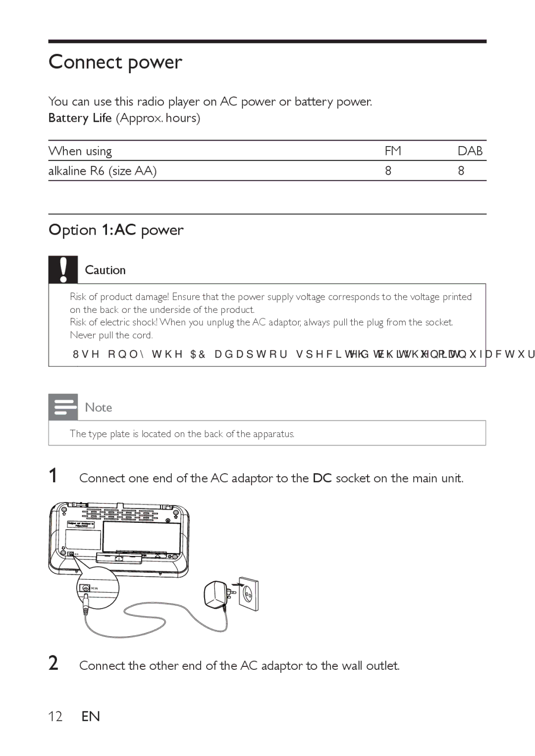 Philips AE9011 user manual Connect power, Option 1AC power 