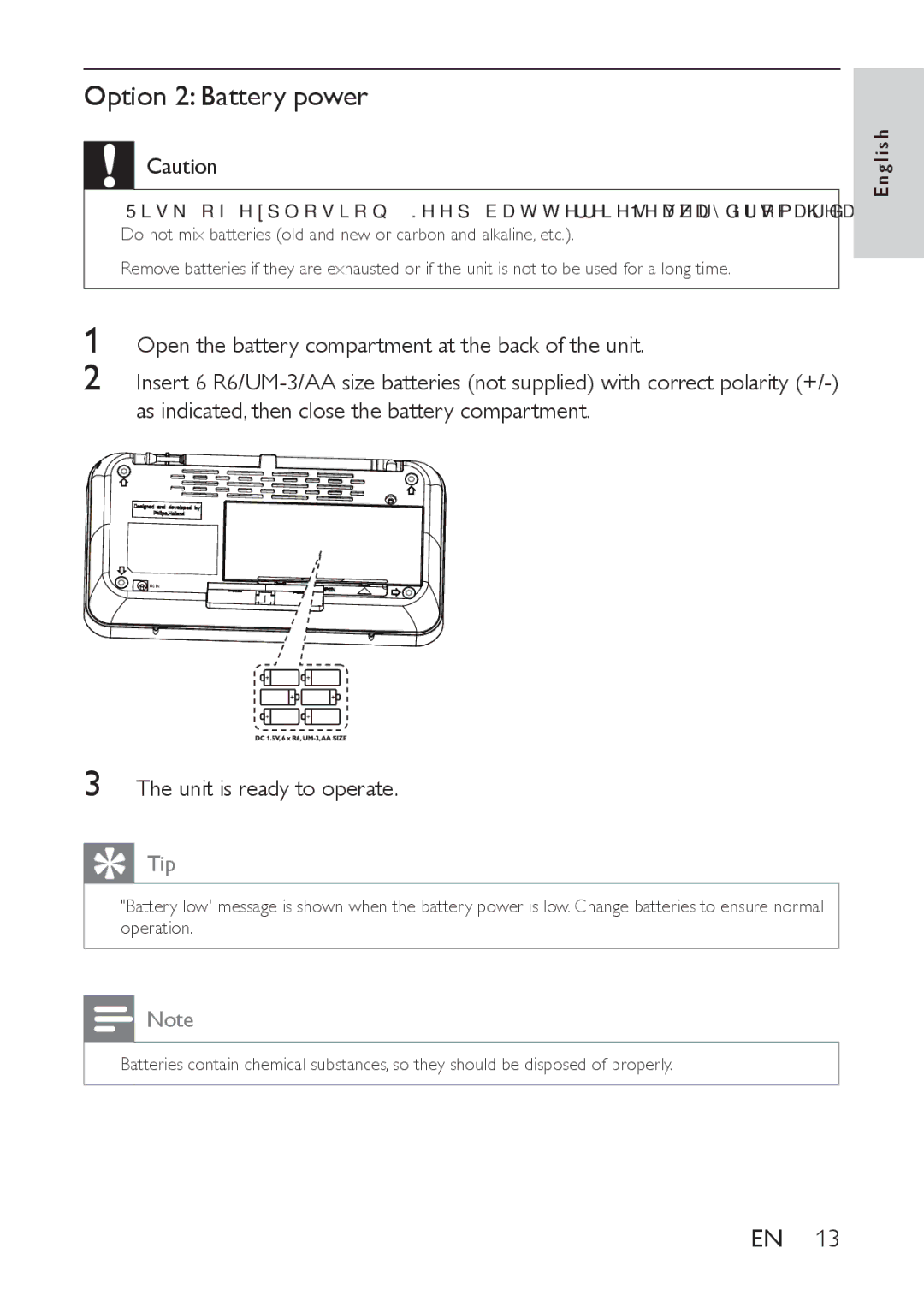 Philips AE9011 user manual Option 2 Battery power, Unit is ready to operate 