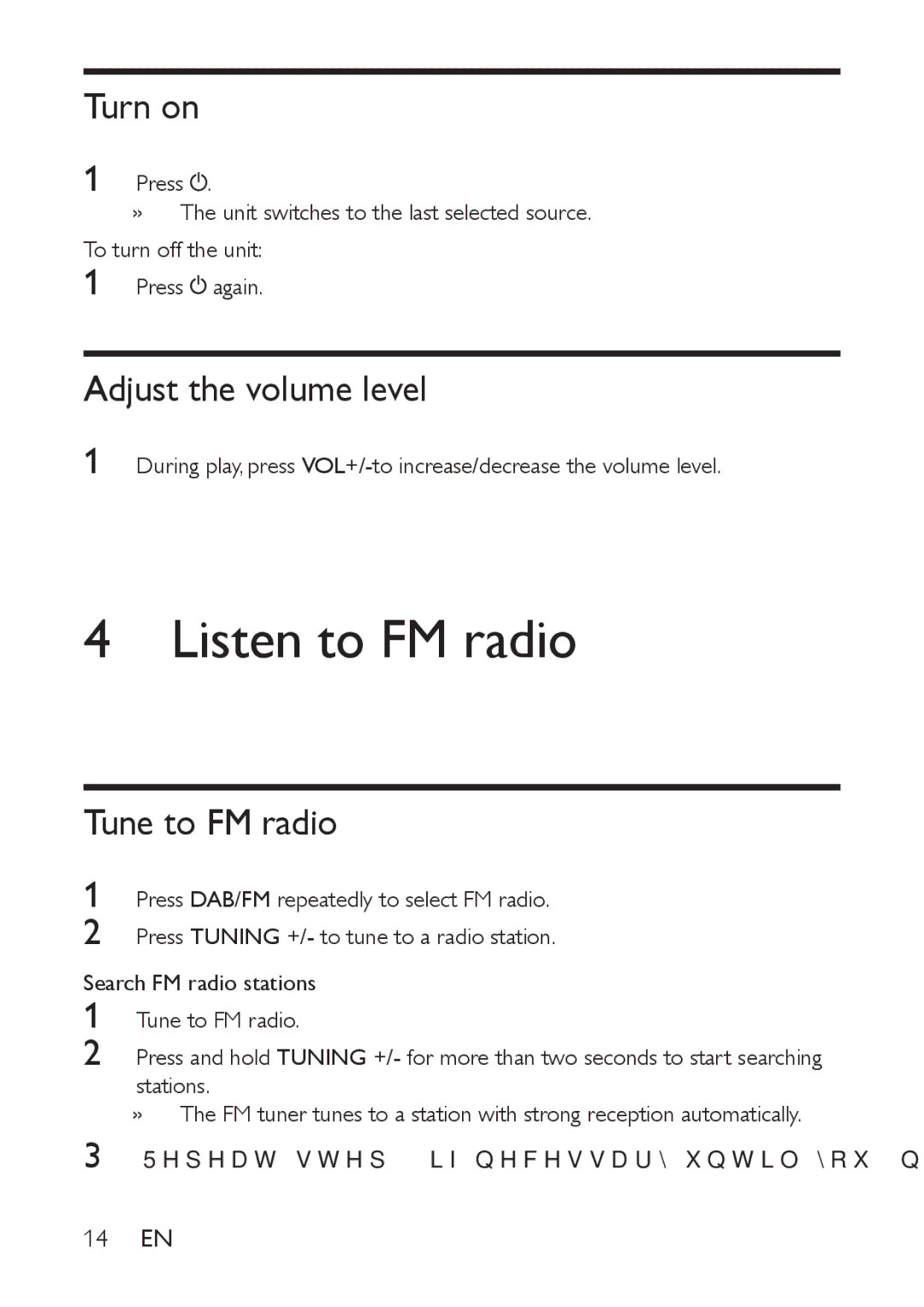 Philips AE9011 user manual Listen to FM radio, Turn on, Adjust the volume level, Tune to FM radio 