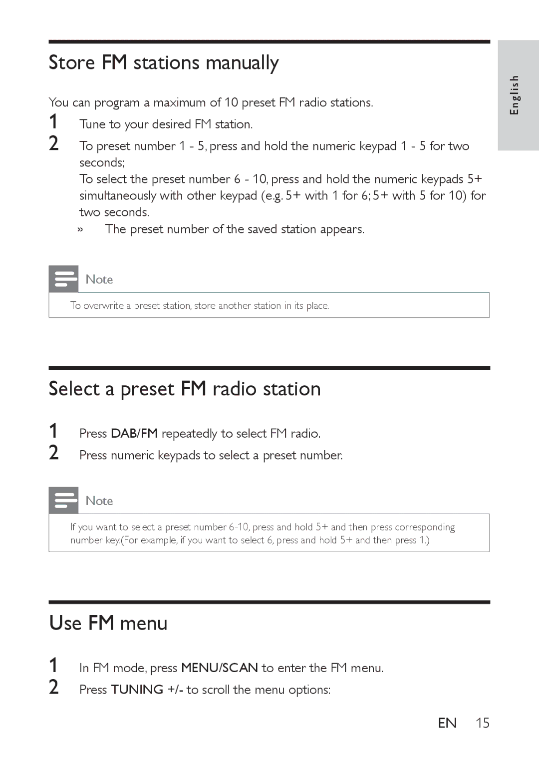 Philips AE9011 user manual Store FM stations manually, Select a preset FM radio station, Use FM menu 