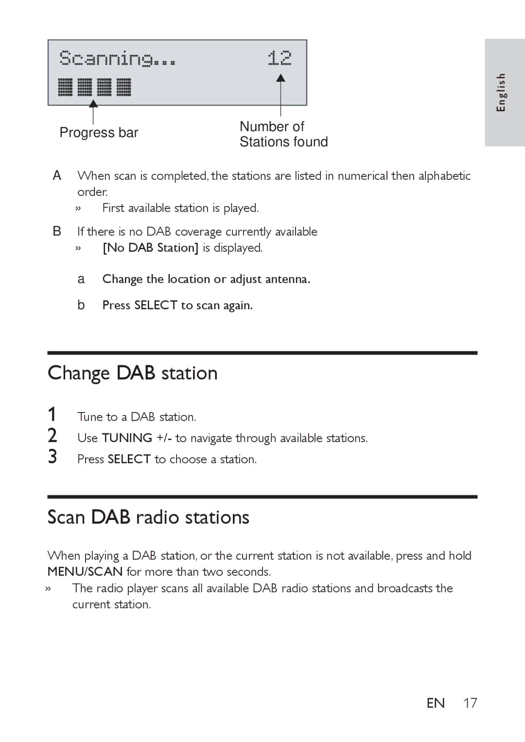 Philips AE9011 user manual Change DAB station, Scan DAB radio stations 