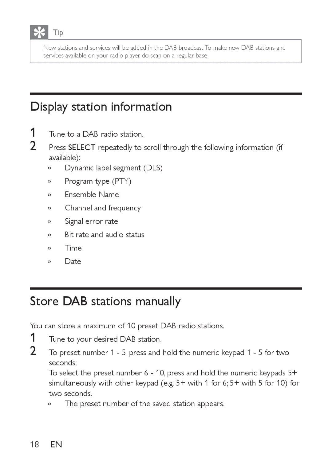 Philips AE9011 user manual Display station information, Store DAB stations manually 