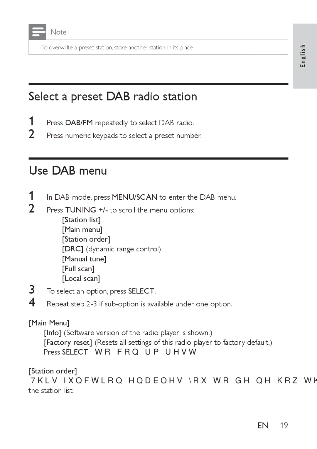 Philips AE9011 user manual Select a preset DAB radio station, Use DAB menu 