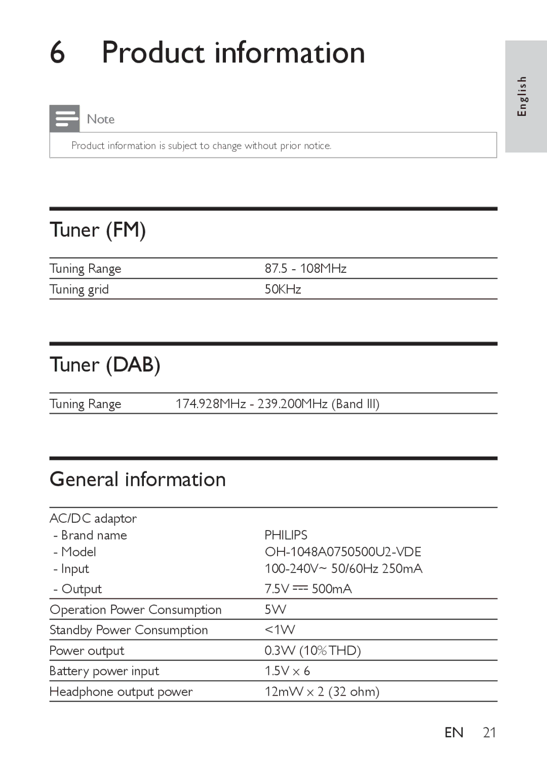 Philips AE9011 user manual Product information, Tuner FM, Tuner DAB, General information 