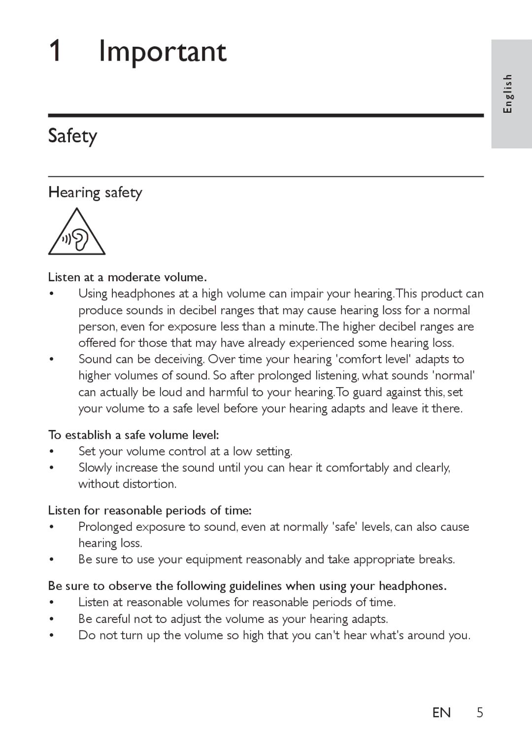 Philips AE9011 user manual Safety, Hearing safety 