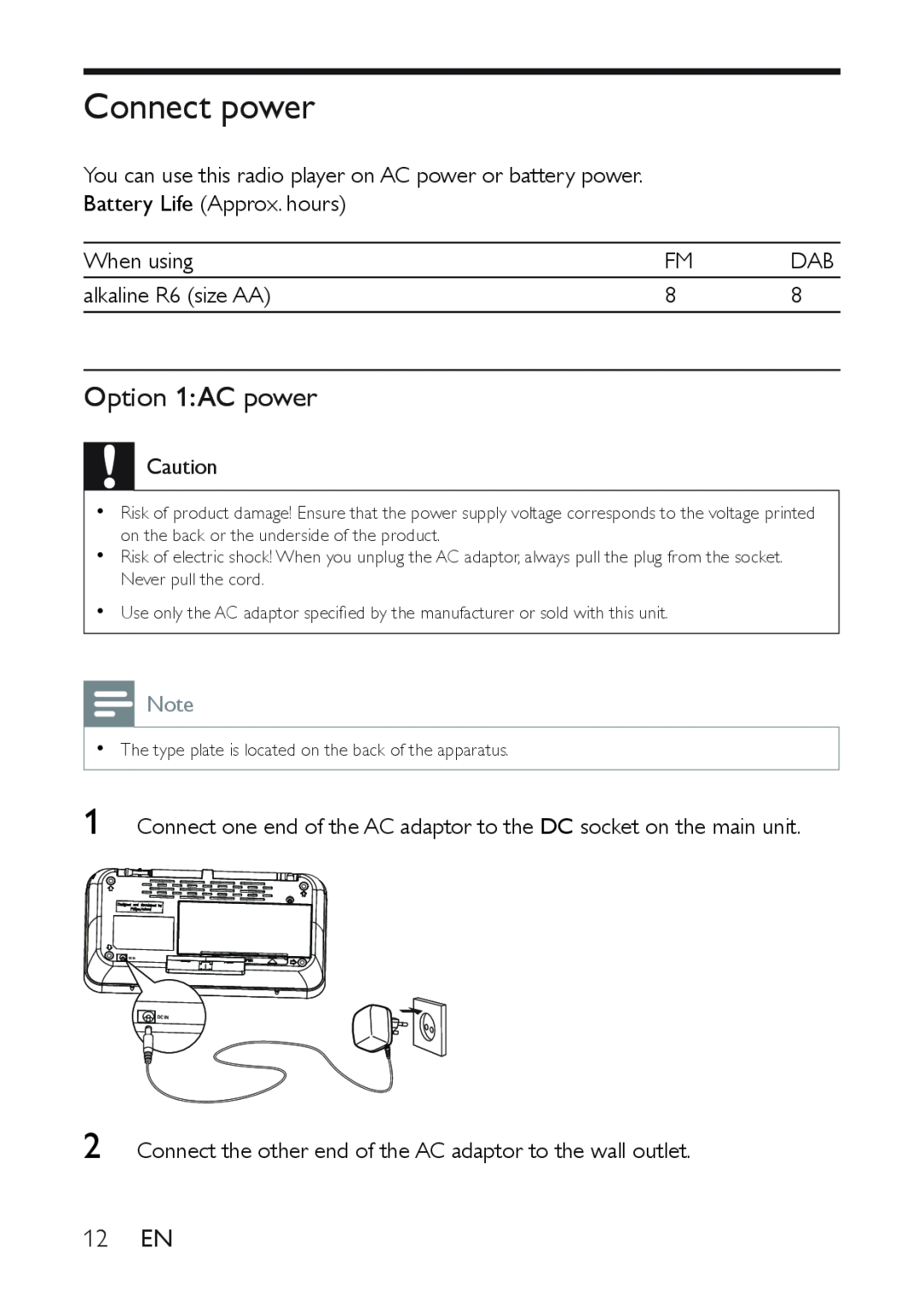 Philips AE9011 user manual Connect power, Option 1 AC power 