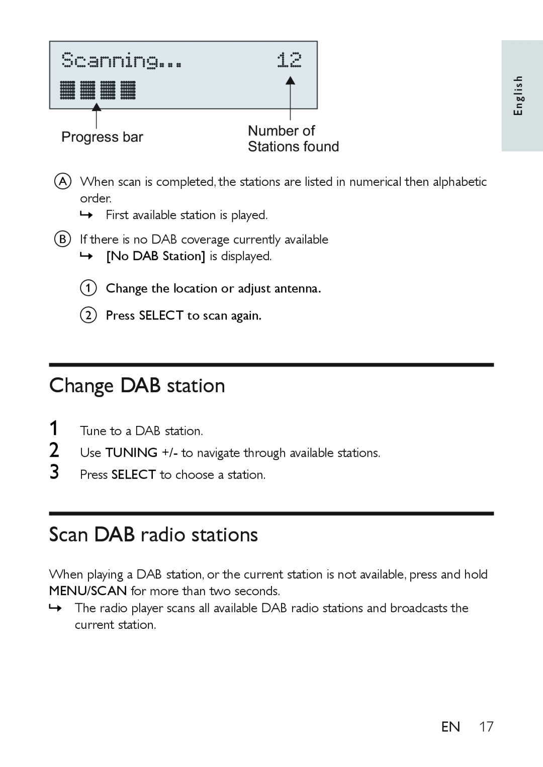 Philips AE9011 user manual Change DAB station, Scan DAB radio stations, Progress bar, Number of 