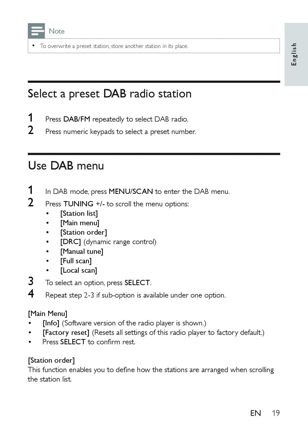 Philips AE9011 user manual Select a preset DAB radio station, Use DAB menu 