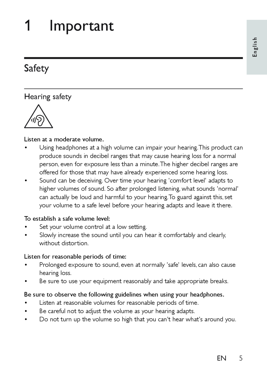 Philips AE9011 user manual Safety, Hearing safety 