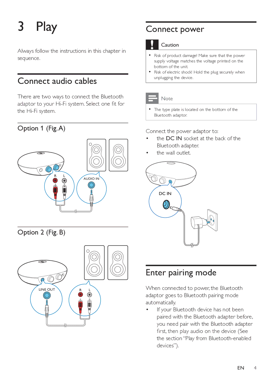 Philips AEA2000 user manual Play, Connect audio cables, Connect power, Enter pairing mode 