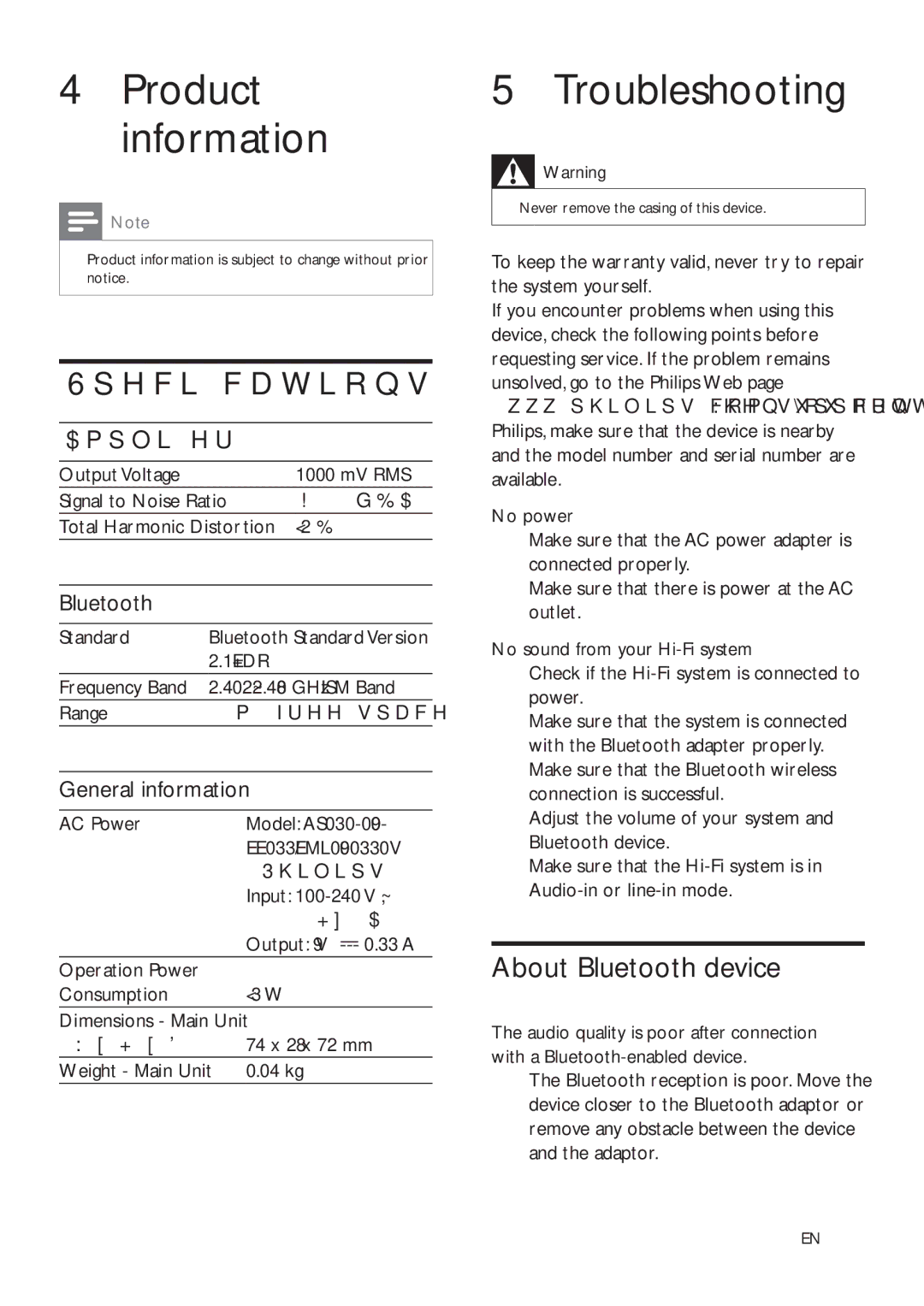 Philips AEA2000 user manual Product information, Troubleshooting, Specifications, About Bluetooth device 