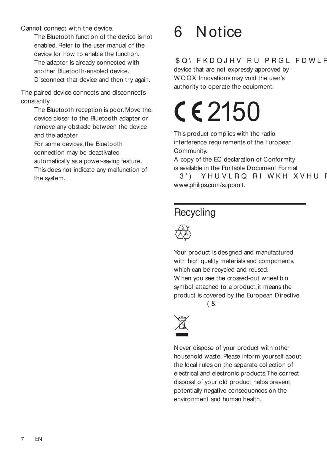 Philips AEA2000 user manual Recycling, Cannot connect with the device 