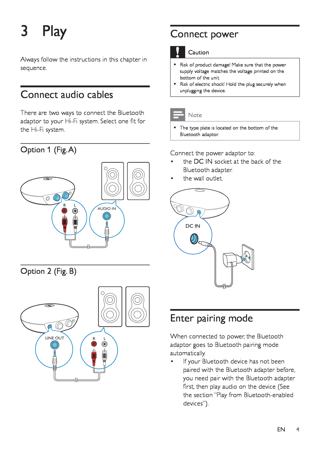 Philips AEA2000 user manual Play, Connect audio cables, Connect power, Enter pairing mode, Option 1 Fig.A, Option 2 Fig. B 