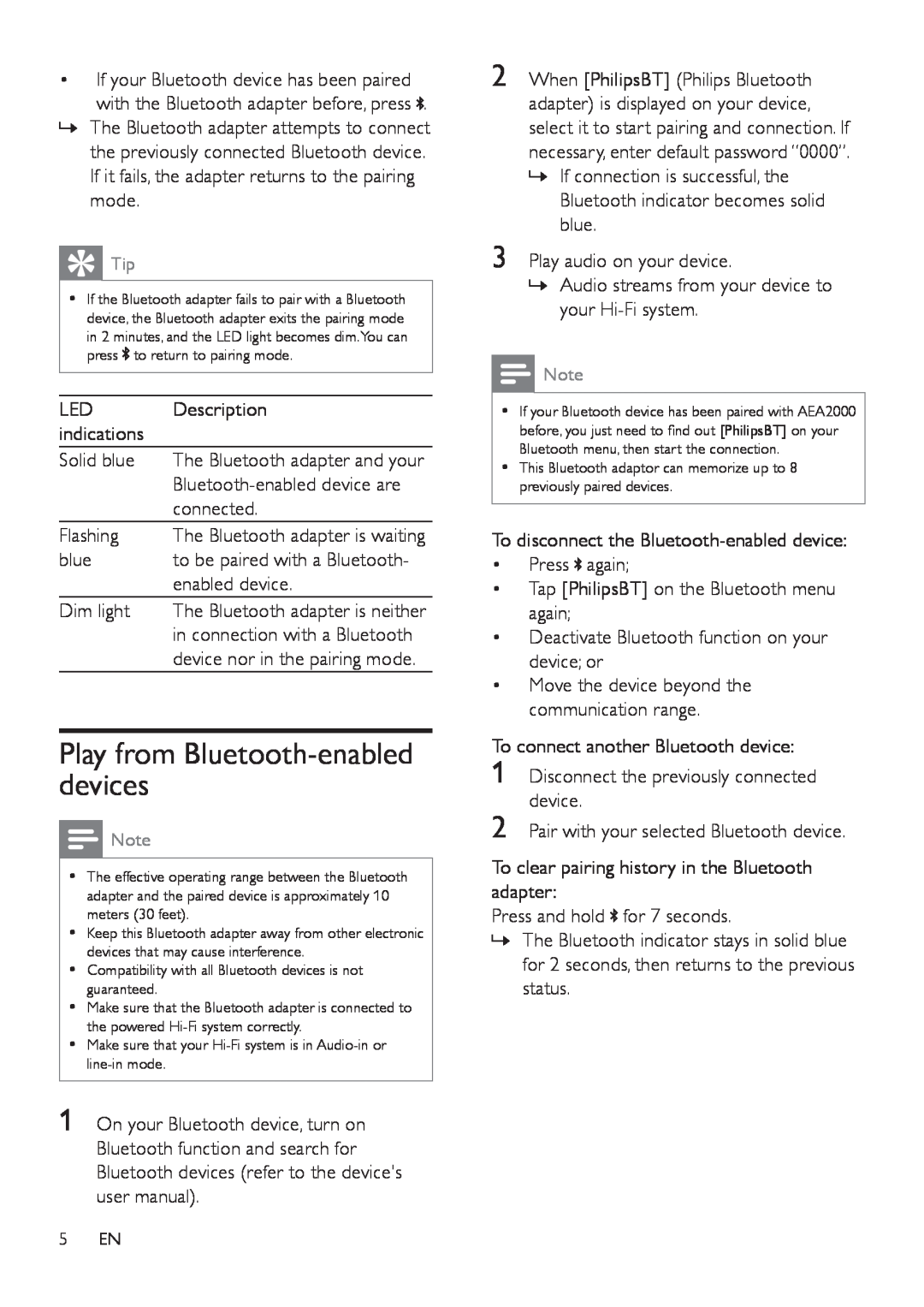 Philips AEA2000 user manual Play from Bluetooth-enableddevices 