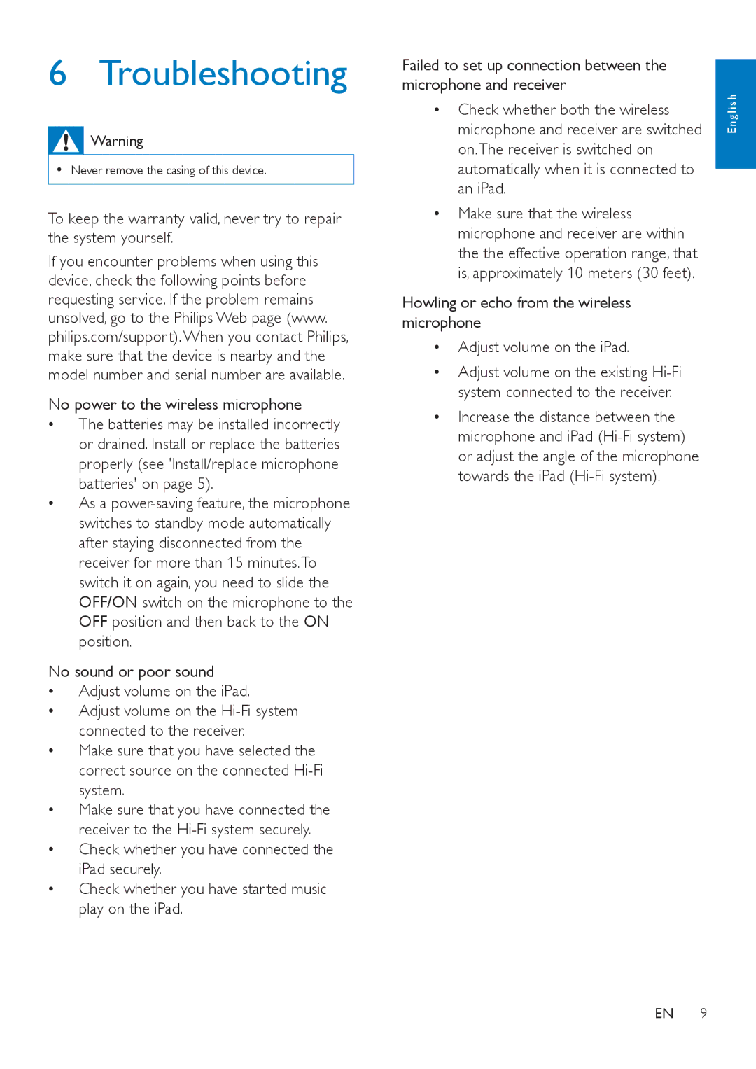 Philips AEA3000 user manual Troubleshooting, No sound or poor sound Adjust volume on the iPad 