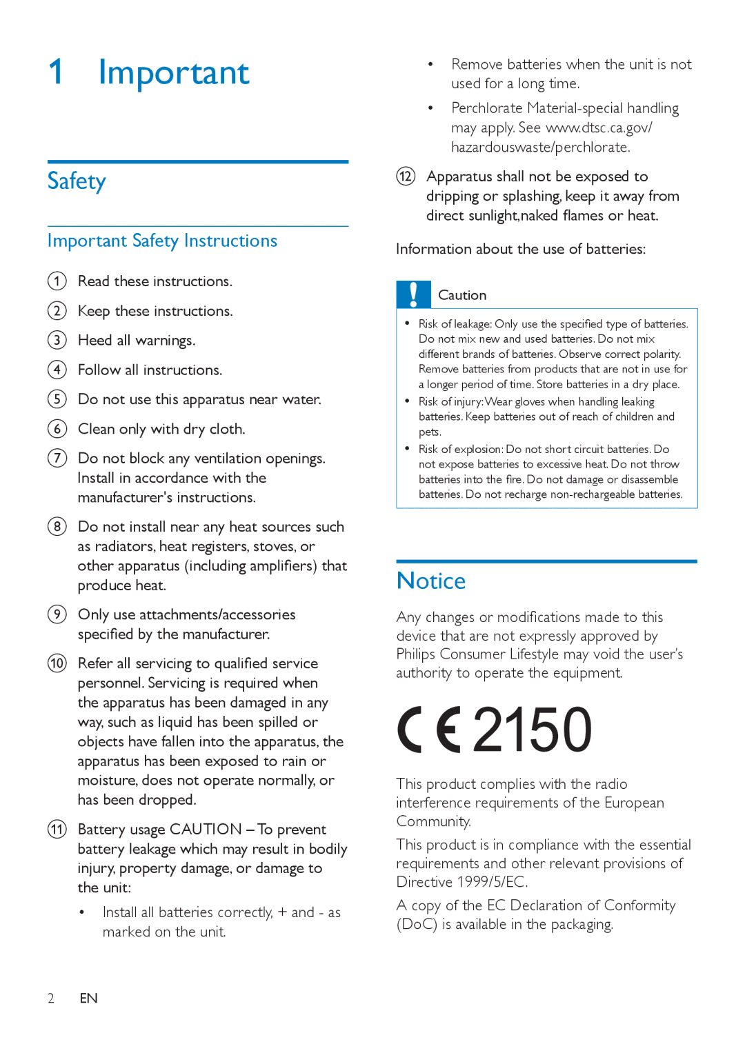 Philips AEA3000 user manual Safety, Information about the use of batteries 