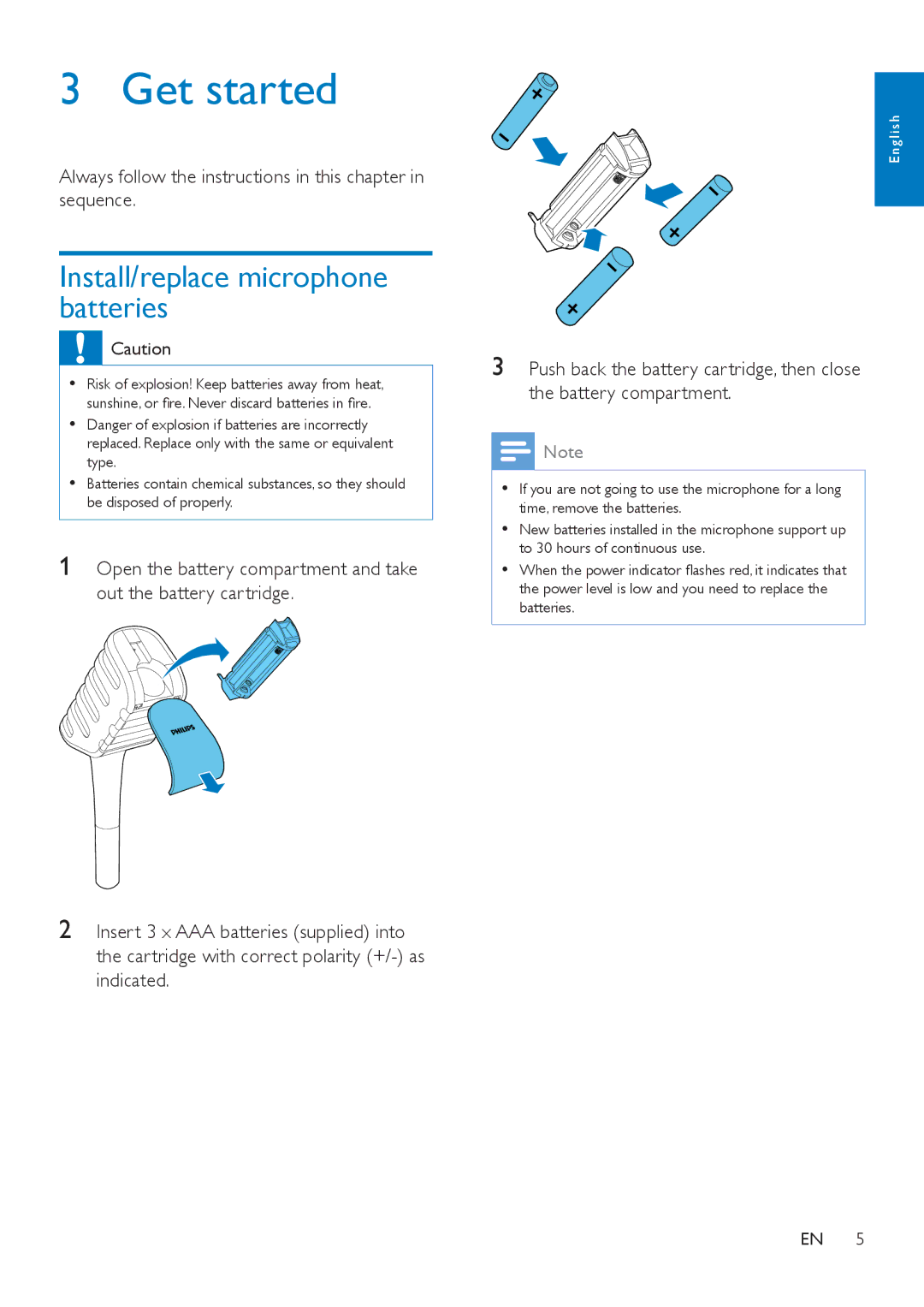 Philips AEA3000 user manual Get started, Install/replace microphone batteries 