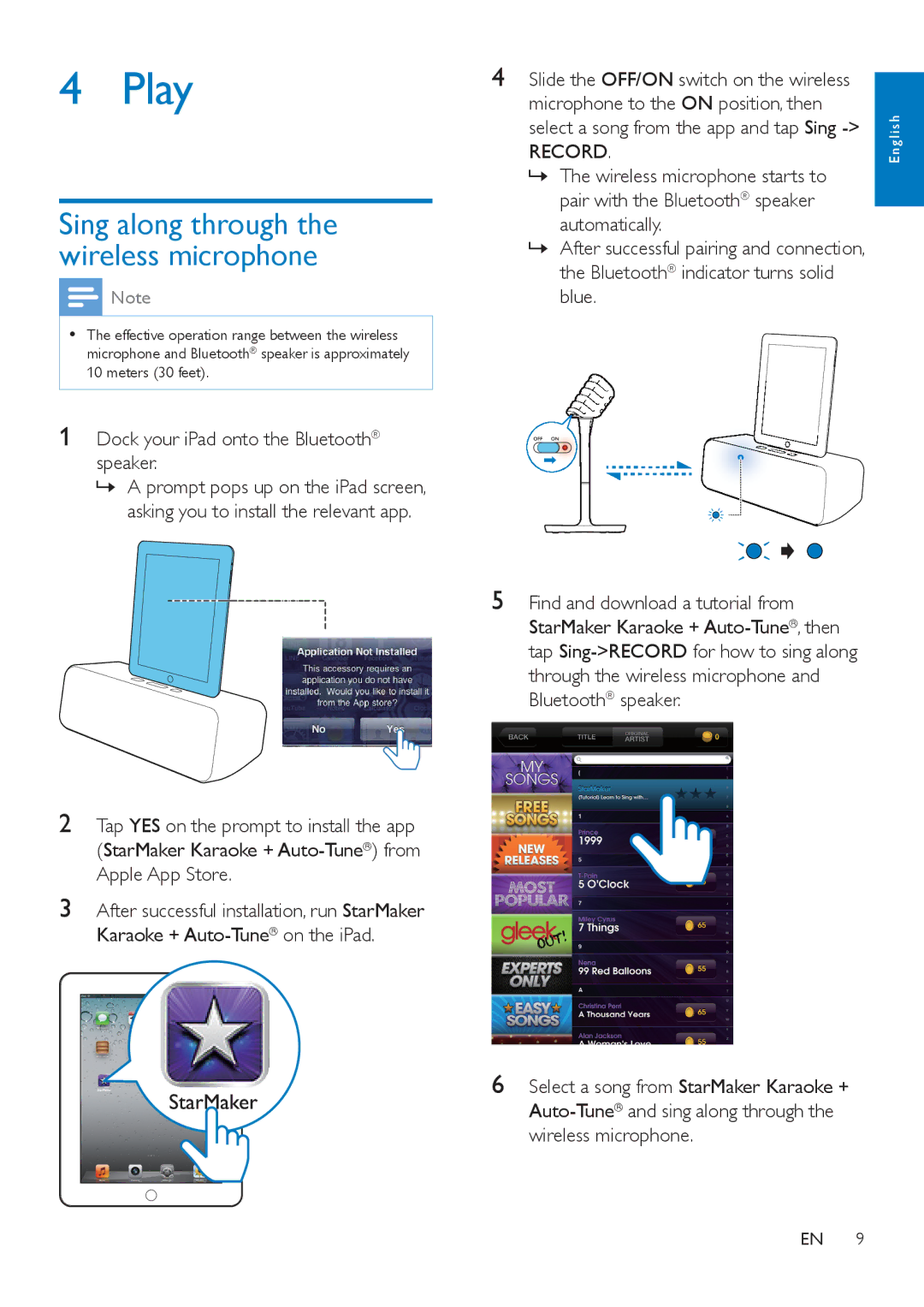 Philips AEA7100 user manual Play, Dock your iPad onto the Bluetooth speaker 