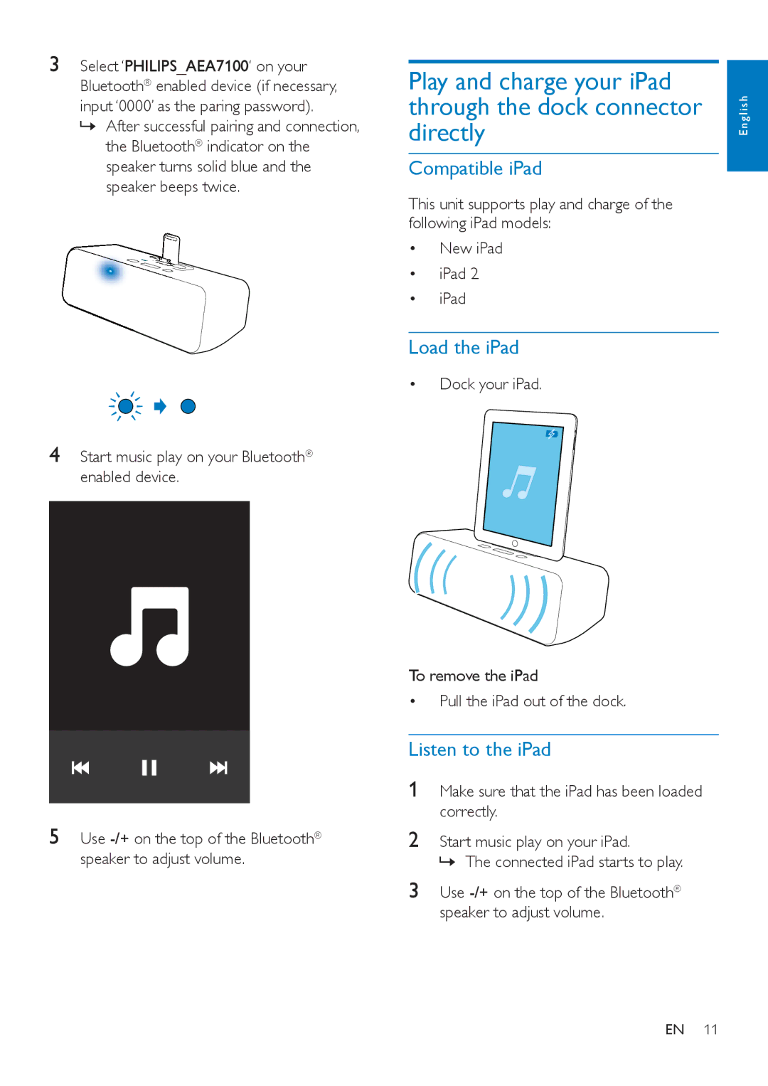 Philips AEA7100 user manual Compatible iPad, Load the iPad, Listen to the iPad 