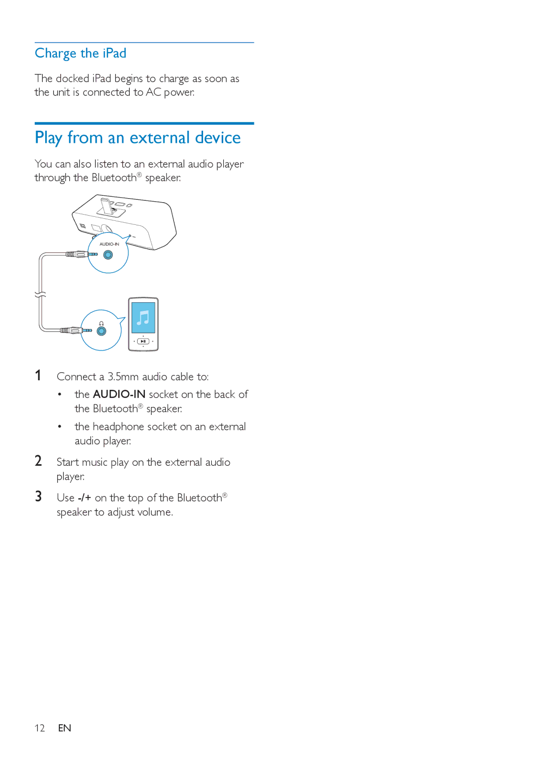 Philips AEA7100 user manual Play from an external device, Charge the iPad 