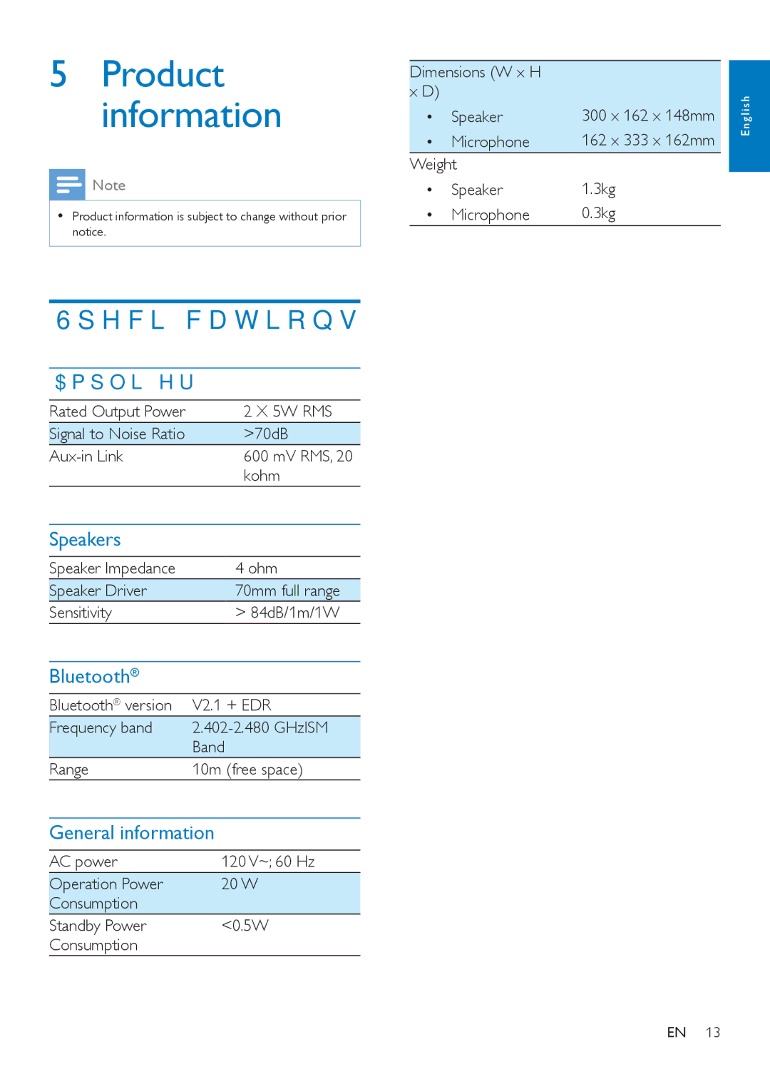 Philips AEA7100 user manual Specifications, Amplifier, Speakers, Bluetooth, General information 