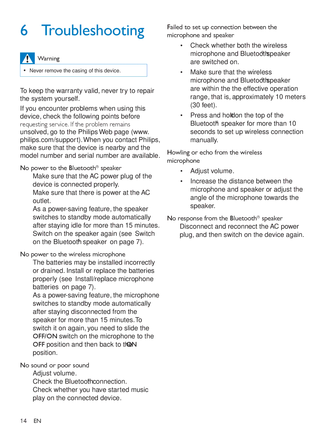 Philips AEA7100 user manual Troubleshooting, No power to the wireless microphone 