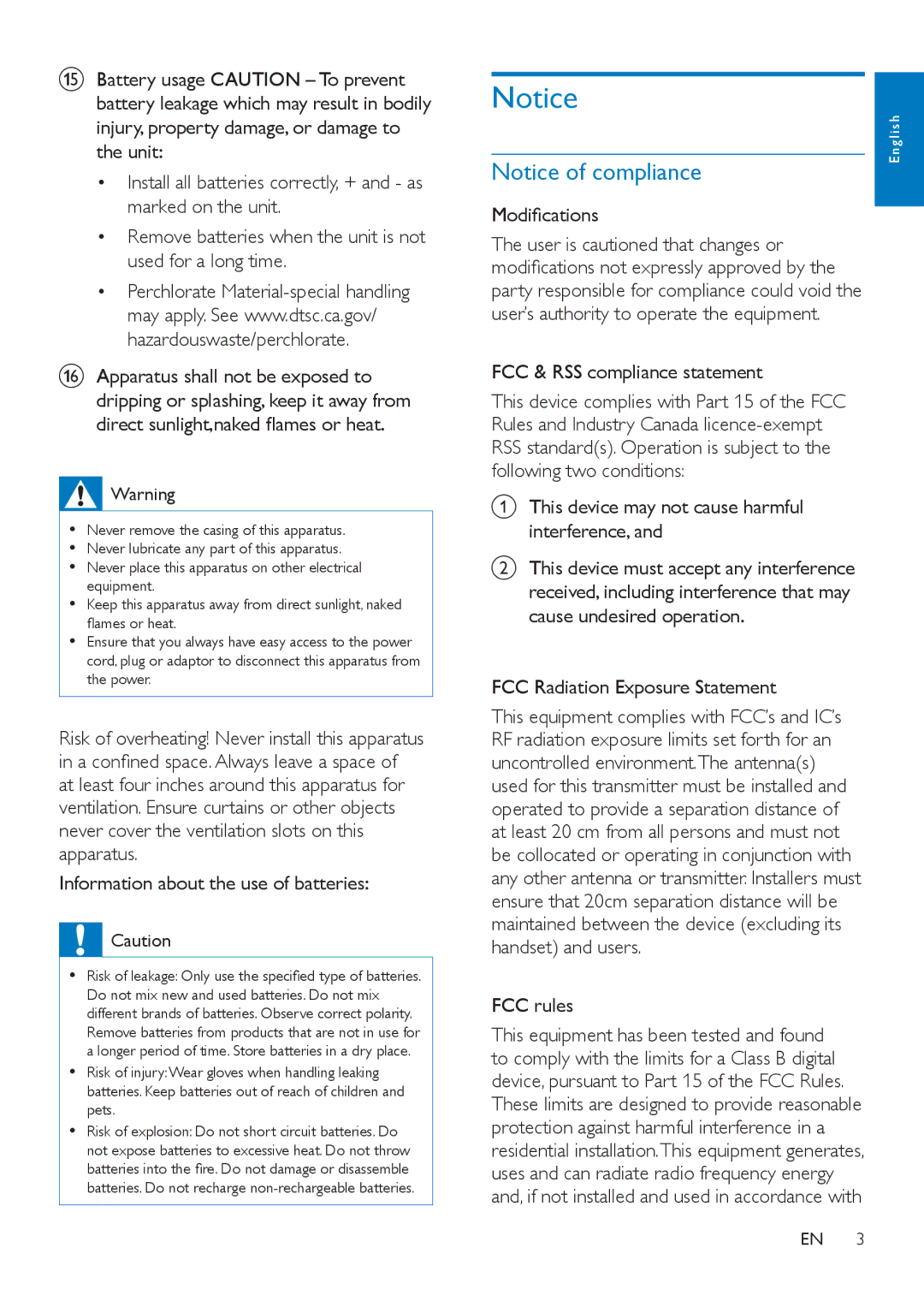 Philips AEA7100 Information about the use of batteries, Modifications, FCC & RSS compliance statement, FCC rules 