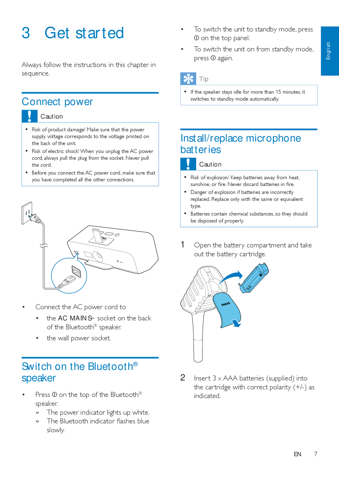 Philips AEA7100 Get started, Connect power, Switch on the Bluetooth speaker, Install/replace microphone batteries 