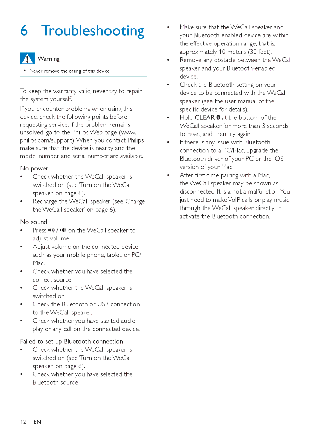 Philips AECS7000 user manual Troubleshooting, 12 EN 