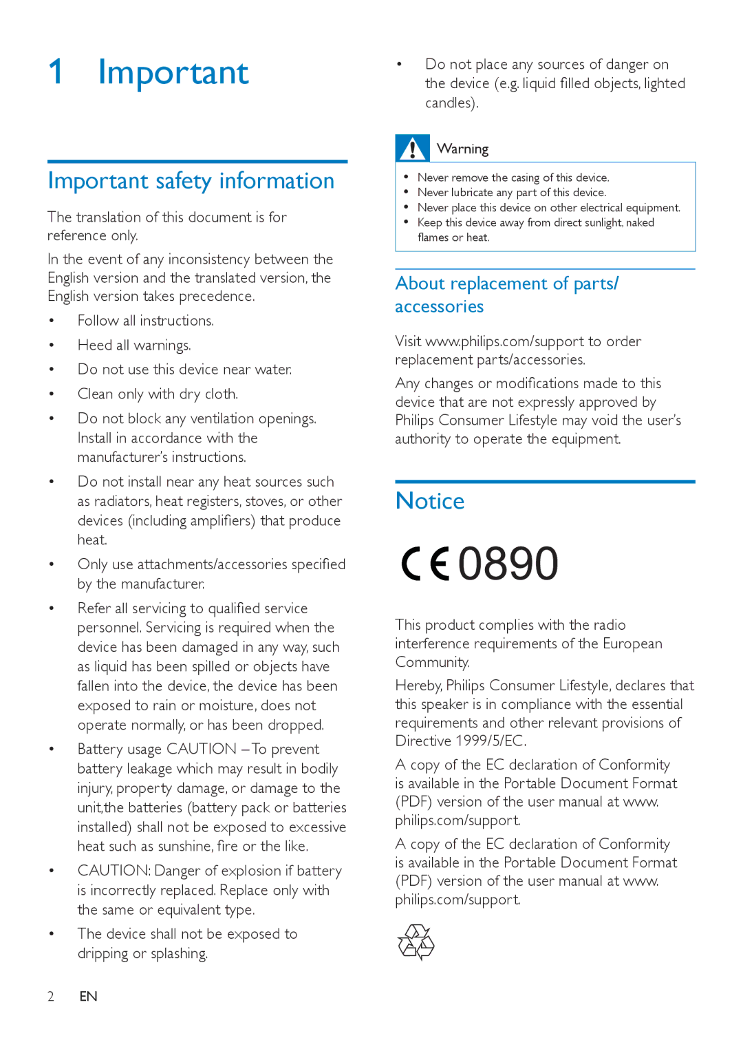 Philips AECS7000 user manual Important safety information, Translation of this document is for reference only 