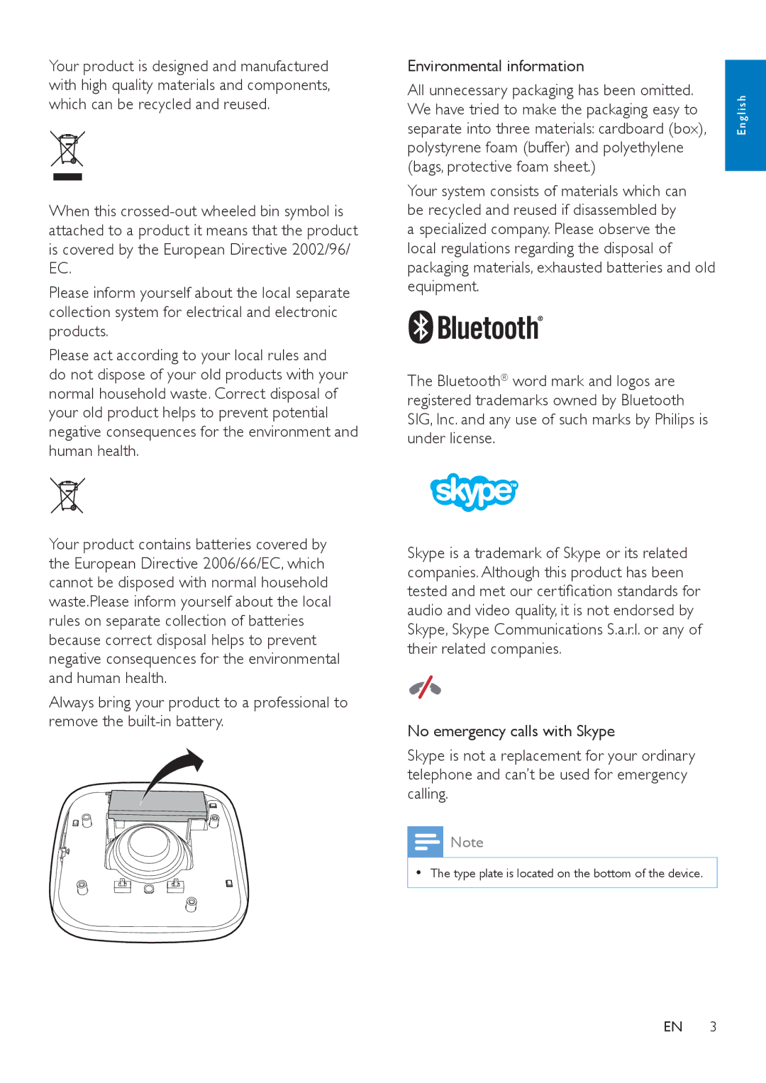 Philips AECS7000 user manual Environmental information 