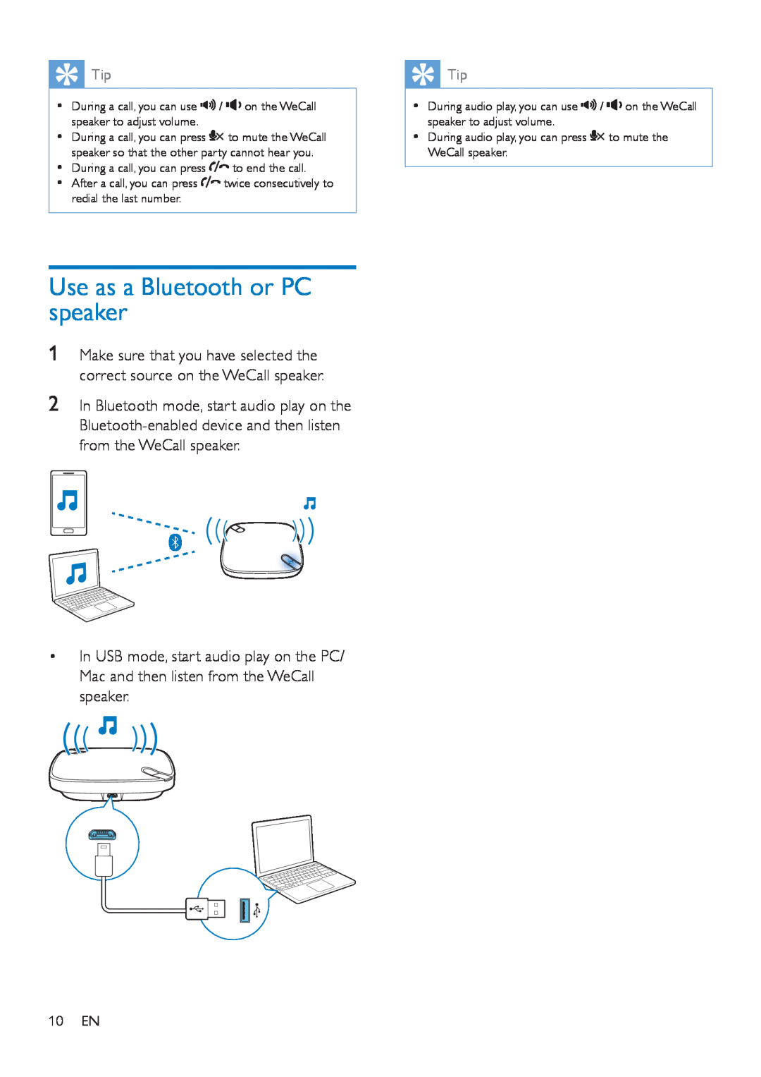 Philips AECS7000 user manual Use as a Bluetooth or PC speaker, 10EN 