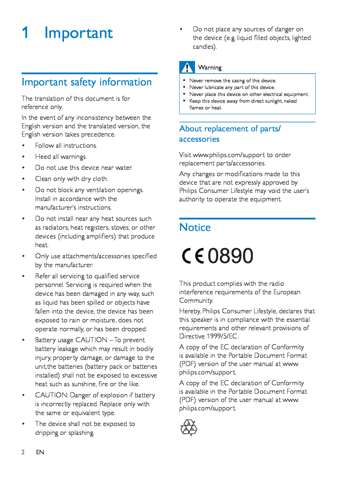Philips AECS7000 user manual Important safety information, About replacement of parts/ accessories 