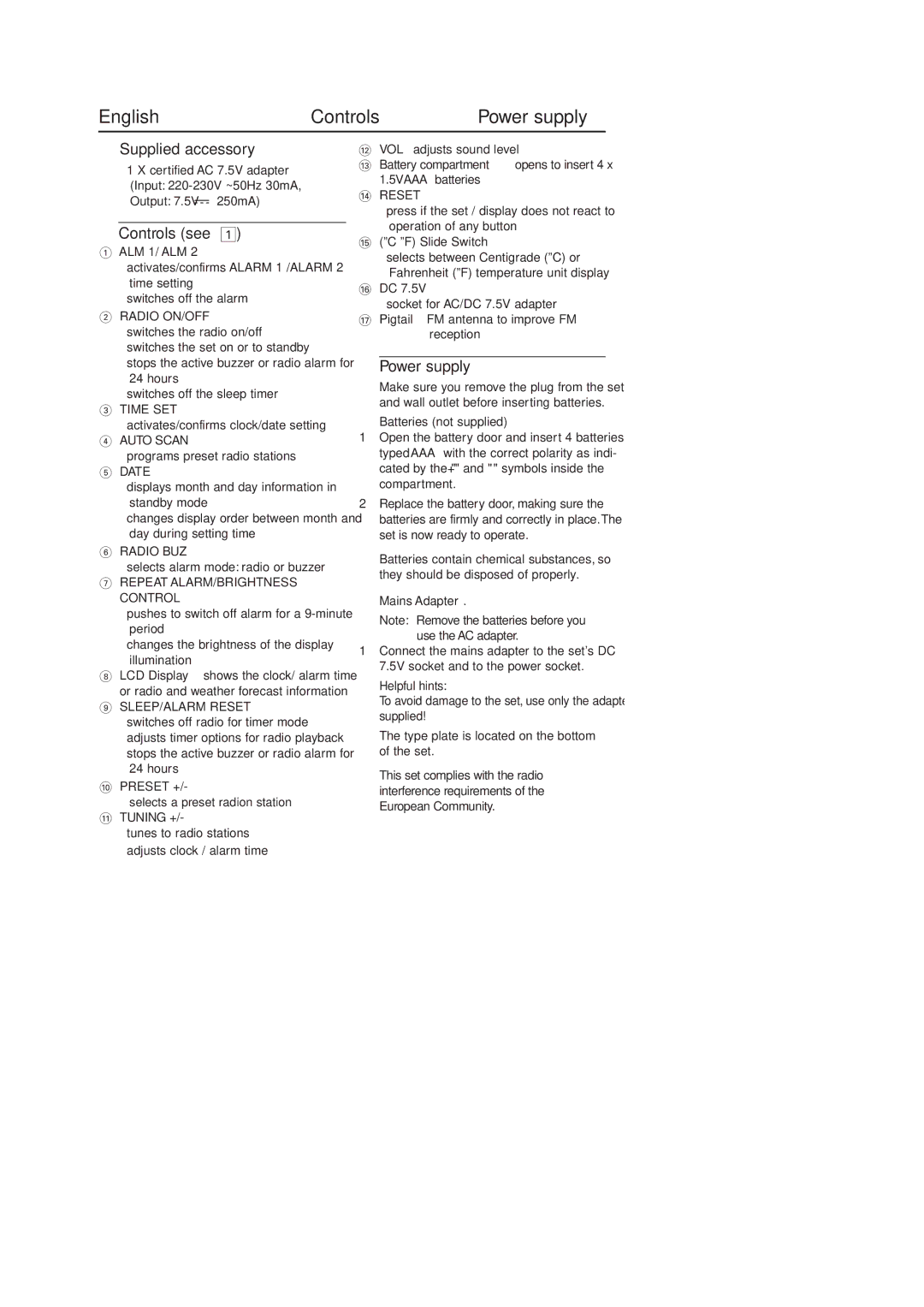 Philips AJ 210 user manual English Controls, Supplied accessory, Controls see, Power supply 