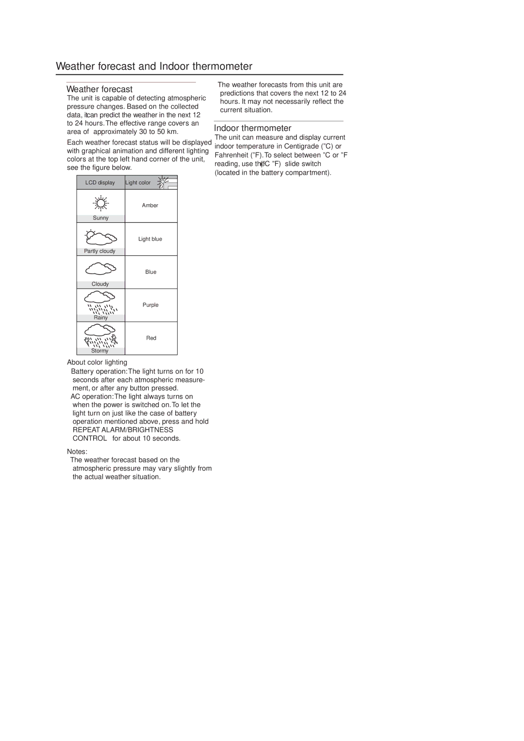 Philips AJ 210 user manual Weather forecast and Indoor thermometer, About color lighting 