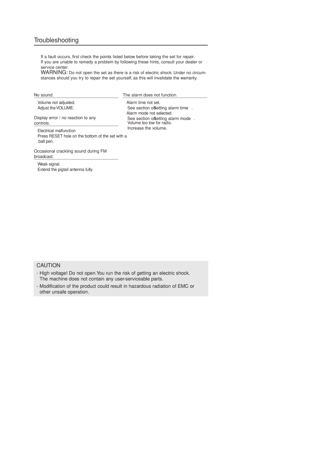 Philips AJ 210 user manual Troubleshooting 