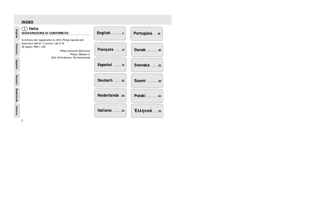 Philips AJ 3010 manual Index, English, Español Deutsch, Italiano, Svenska 
